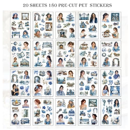 PET 20 Sheets 180 Pre-Cut Winter Stickers for Scrapbooking People Landscape Stickers Scrapbook Supplies Transparent Sticker for journaling - color: Winter