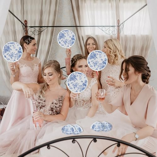 4 Styles Flower Round Foldable Hand Fan Japanese Foldable Fan Style Handheld Compact Cooling Fans,Round Folding Fan for Outdoor Games,Xmas Decoration,Festival,Party Favors,Travel,Events - color: Blue flowers