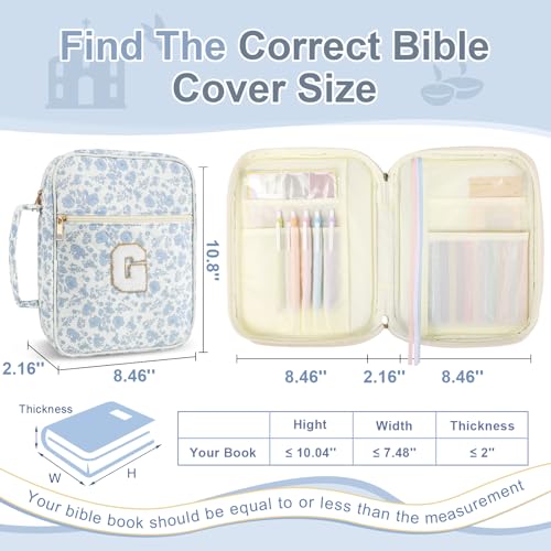 Personalized Initial Bible Cover Case for Women Girls Kid - Large Quilted Bible Case with Handle,Chenille Letter Bag Study Supplies,Christmas Gifts for Christians Birthday Graduation(Blue Flower-G) - color: Blue Flower, size: letter-G