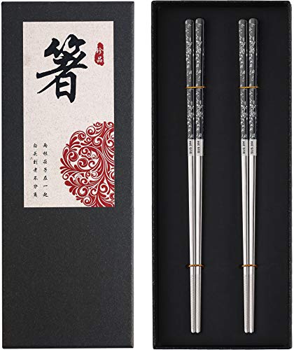 Stainless Steel Chopsticks Titanium Plated Metal Chopsticks Reusable Dishwasher safe Premium Japanese Korean Chopstick Laser Engraved Anti-slip Chop Sticks for Eating 2 Pairs Gift Set Black Silver - color: A Black Silver