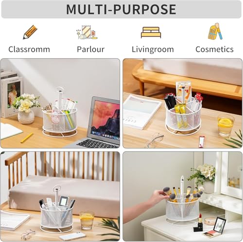 Marbrasse Mesh Desk Organizer, 360-Degree Rotating Multi-Functional Pen Holder, 4 Compartments Desktop Stationary Organizer, Home Office Art Supply Storage Box Caddy (White) - color: White