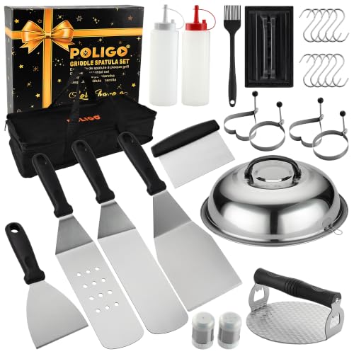 POLIGO 28PCS Griddle Accessories Kit, Flat Top Grill Accessories Set for Camp Chef, Grill Spatula Set with Enlarged Spatulas, Basting Cover, Scraper for Cooking Indoor or Outdoor Barbecue