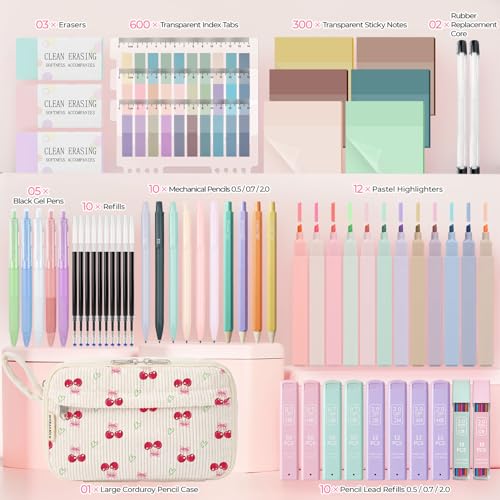 WOBAGMEN 62PCS Aesthetic School Supplies with Corduroy Pencil Case, Pastel Highlighters Gel Pens Mechanical Pencils, Cute College Essentials Set (Cherry) - color: Cherry