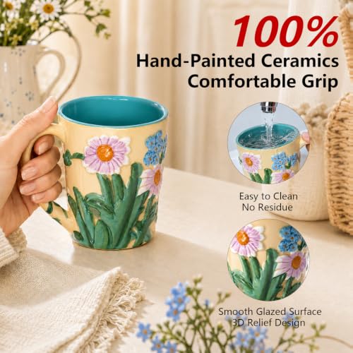 Ceramic Coffee Mug, 19 oz Large Floral Mug with Lid, Novelty Hand-Painted Mugs with Handle & Spoon, Dishwasher & Microwave Safe Cups for Coffee, Tea, Cocoa, Birthday Housewarming Wedding Gift - Beige - color: Beige