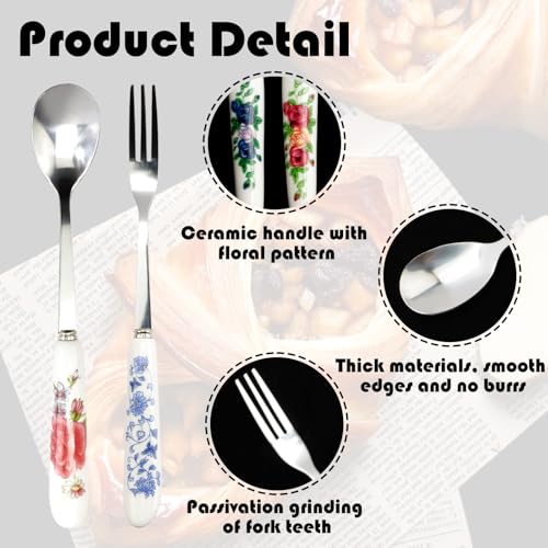 14Pcs Stainless Steel Spoons and Forks, IEMIEBSHA Floral Coffee Dessert Ice Cream Spoons with Ceramics Handle, Small Tableware Set Kitchen Set for Tea Party Coffee Bar Home Supplies
