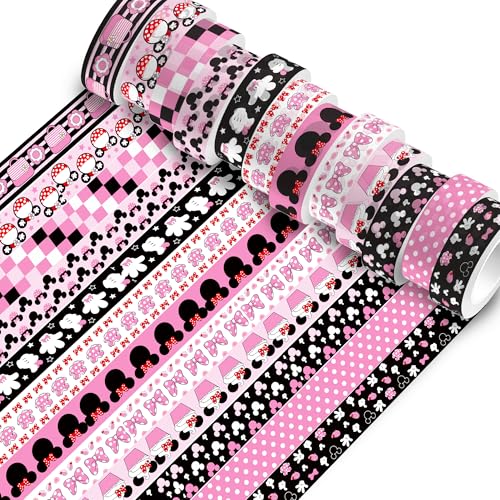 12 Rolls Cartoon Mouse Washi Tape Set - 0.6 Inch x 16.4 Ft Each, Pink Cute Mouse Design Decorative Paper Tape for Scrapbooking, Gift Wrapping, DIY Crafts & School Supplies