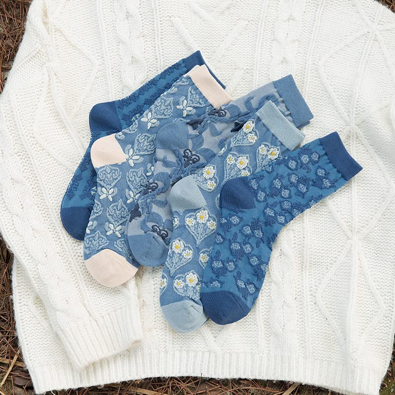 Vintage Embroidered Floral Socks for Women Combed Cotton Crew Socks - color: 5 Pairs - Blue