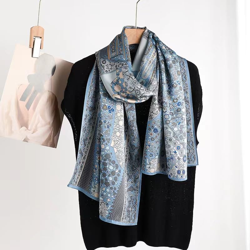 ANDANTINO 100% Silk Long Scarf-Women Large Oblong Shawls with Gift Packed - color: Pale Blue Flowers