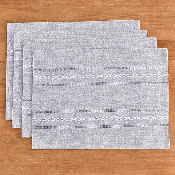 Wracra Cotton Linen Place Mats, Grey Embroidered Placemats Set of 6 - color: Hemstitched Grey, size: Placemats(Set of 6)