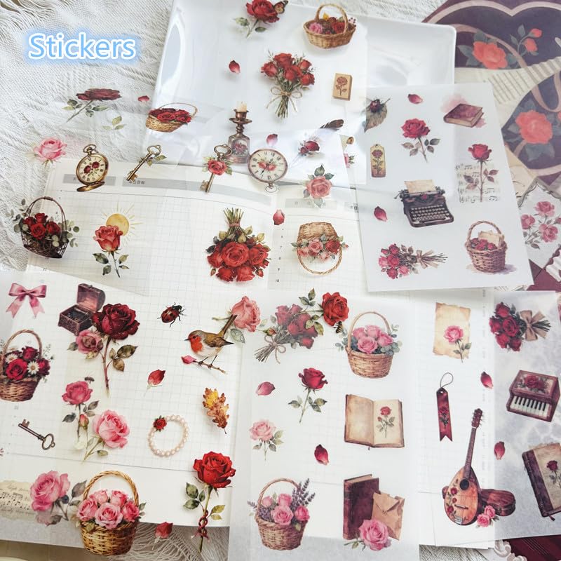 Rose Botanical Bullet Junk Journal Kit, Red Aesthetic Scrapbooking Supplies