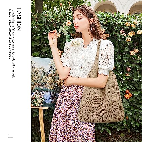 hatisan Crochet Bag for Women, Handmade Knit Beach Tote Bag Summer - color: A-khaki
