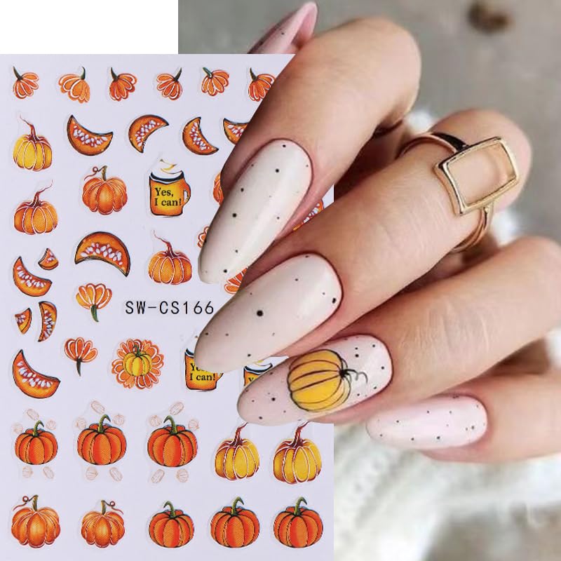 Fall Nail Art Stickers Autumn Leaf Pumpkin Nail Decals 3D Self-Adhesive Nail Art Supplies 6PCS Maple Leaves Pumpkin Nails Design Fall Stickers for Nails Women DIY Manicure Decorations Accessories - style: style7