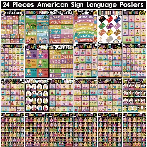 YIYDONG 24 ASL Posters America Sign Language Posters for Classroom ASL Education Charts for Toddlers Kids Students Classroom Decor (Black)