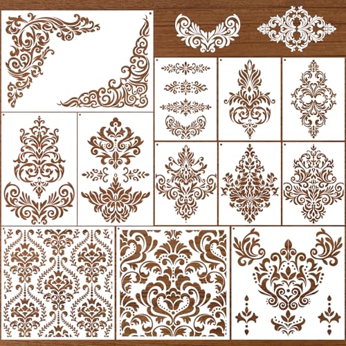 Large Damask Stencils for Painting Wall - 12 Pcs Textured Border Reusable Painting Template for Wooden Home Decoration, Textured Damask Plastic Drawing Templates for Wooden Wardrobe Wall Decorations - style: Damask