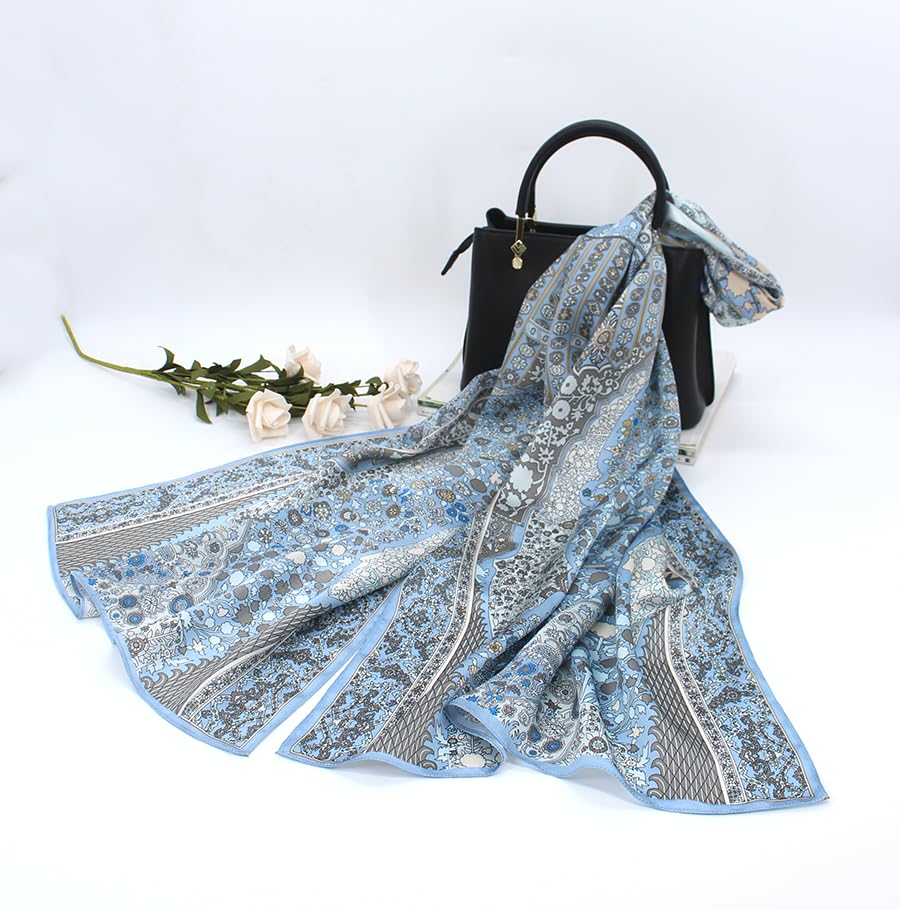 ANDANTINO 100% Silk Long Scarf-Women Large Oblong Shawls with Gift Packed - color: Pale Blue Flowers