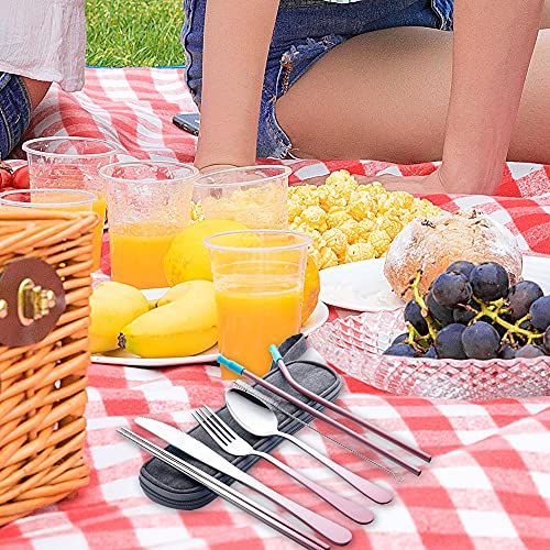 Travel Utensils Set with Case Reusable Portable Cutlery Set Stainless Steel 8pcs Including Dinner Knife Fork Spoon Chopsticks straws(Gradient Pink) - color: Gradient Pink