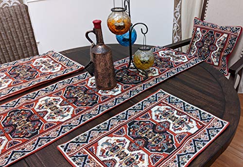 DaDa Bedding Majestic Red Kilim Rug Dining Table Placemats - Set of 4-Pieces Tapestry Cotton Kitchen Mats Royal Persian Tradtional Design - Elegant Intricate Multi-Colorful Floral Ornate - 13” x 19” - color: Majestic Red Kilim Rug