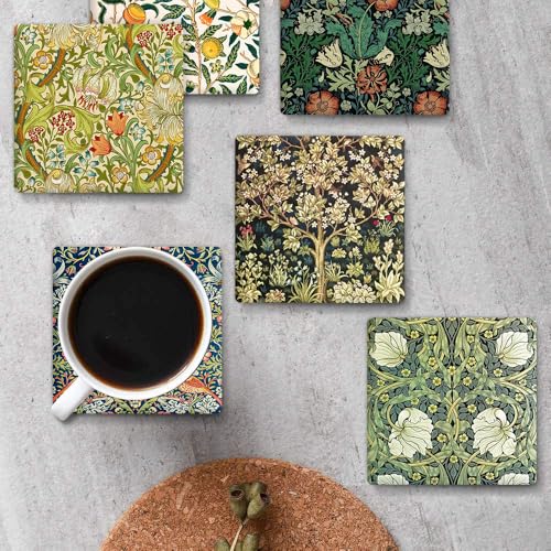 HUXJOKO Coasters for Drinks Set of 6,William Morris Floral Pattern Absorbent Ceramic Coaster,Square Stone Mat,with Cork Base and Metal Holder for Coffee Table Room Bar Home Decor Housewarming Gifts - color: William Morris 2, size: Square