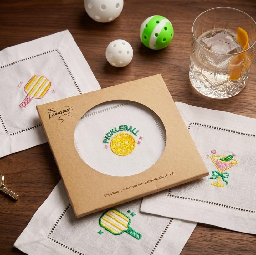 Embroidered Pickleball Cocktail Napkins Set of 4, Cotton White Cloth 6"x6" Reusable Mini Cloth Hemstitched Coasters Decorations for Birthday Pickle Ball Party Baby Shower