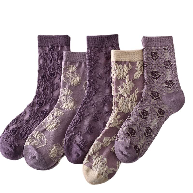 Vintage Embroidered Floral Socks for Women Combed Cotton Crew Socks - color: 5 Pairs - Purple