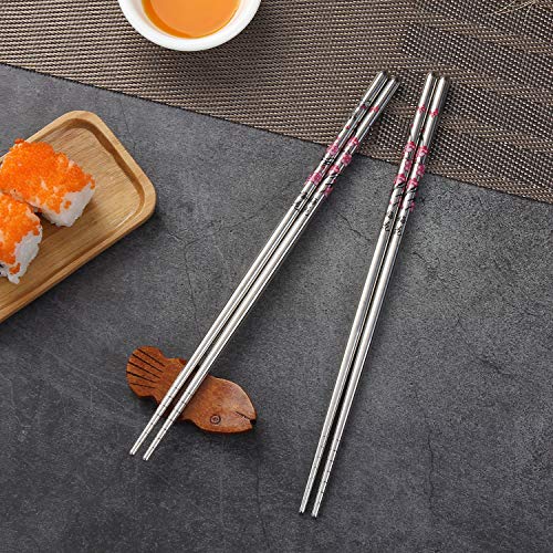 Stainless Steel Chopsticks, Metal Chopsticks, Reusable Non-slip Design Chop Sticks, 5 Pairs Gift Set,Plum Pattern Design - color: Wintersweet