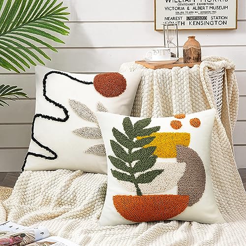 Merrycolor Boho Decorative Throw Pillow Covers Abstract Tufted Mid Century Modern Throw Pillows Green Leaf Sun Aesthetic Textured Pillow Cover Decorative Throw Pillows for Bed Couch Sofa,18x18 - color: Style B, size: 18" x 18" (Pack of 1)