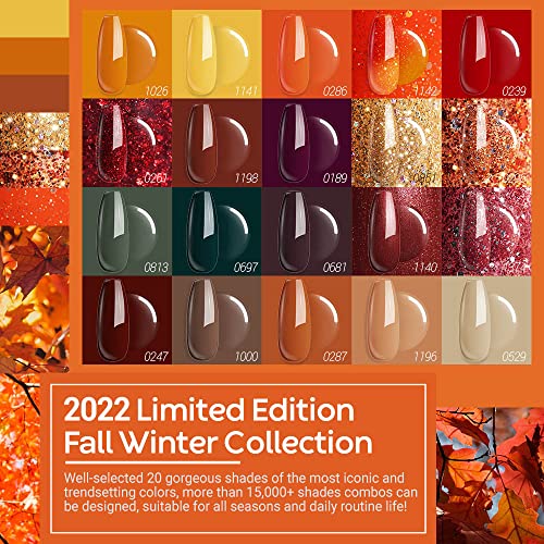 modelones 20 Colors Gel Nail Polish Kit, Fall Winter Gel Polish Set Soak Off Nail Polish Kit with Glitter, Glossy and Matte Top Base Coat DIY Manicure at Home - color: A Cozy Campfire