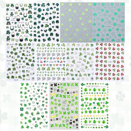 11 PCS St. Patrick's Day Nail Art Stickers 3D Self-Adhesive Green Shamrock Nail Decals Green Leaf Shape Clover Sticker DIY Spring Holographic Designs Manicure Decoration Nail Supplies for Women - style: Green Leaves