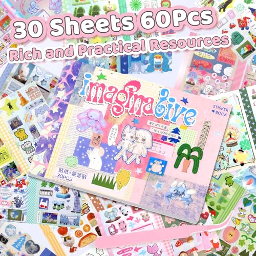 Tmtains 30 Sheets Kawaii Japanese Sticker Book Manga Books Style Writable Note Sticker Glitter Sand Aesthetic Japanese Korean Stickers Book for Adults Scrapbooking Notebook Supplies (Wonderful Ideas) - color: B-purple