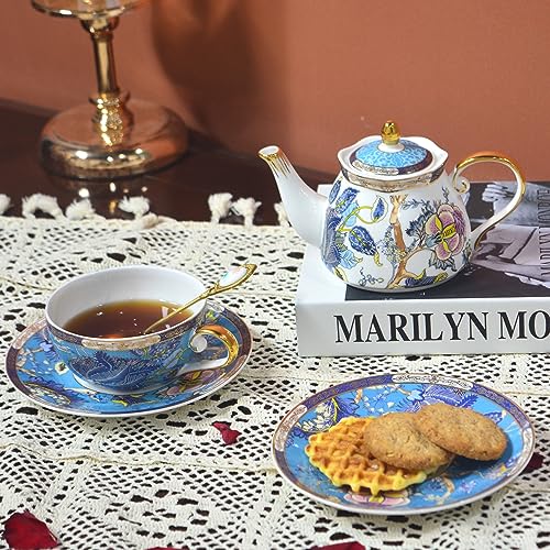 ACMLIFE Tea for One Teapot and Cup, Vintage Floral Porcelain Tea Set for One, Bone China Teapot with Cup Set, Tea Pot Gift for Women (Blue-A) - color: Blue-A