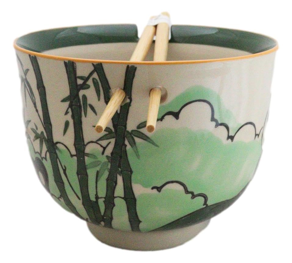 Ebros Gift Artistic Donburi Ramen Udon Noodles Soup Salad 5" D 18Oz Bowl With Bamboo Chopsticks And Built In Rest Set Asian Dining Kitchen Accent (Bamboo Green Panda Bear) - color: Bamboo Green Panda Bear