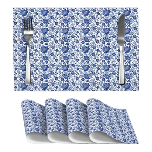 Blue and White Floral Placemat Set of 4, Chinoiserie Table Mats Washable Heat Resistant Linen Fabric Vintage Flower Place Mat for Kitchen Dining Table Home Decor - color: Blue White