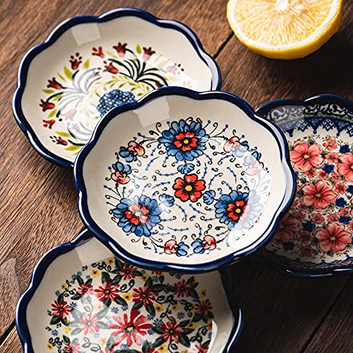 Sizikato 4pcs Porcelain Appetizer Plate, 4-Inch Snack Plate Sauce Dipping Saucer, Exotic Flower Pattern - color: 4 colors