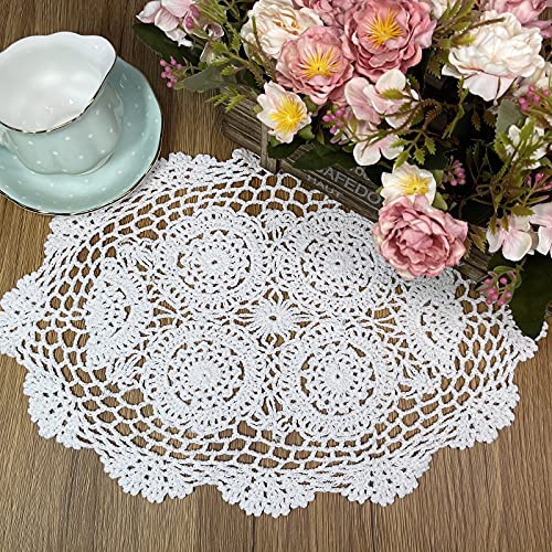 Phantomon Handmade Crochet Cotton Lace Placemats Doilies Cloth Crochet Coasters, Pack of 4, Oval Shape, White, 12 x 17 inch (White) - color: White