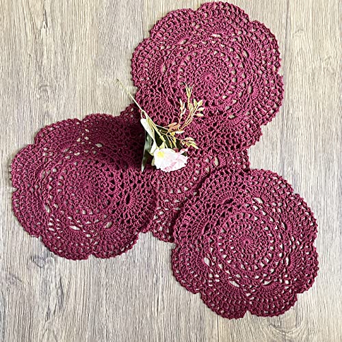 Phantomon 8 Inch Doilies Crochet Round Lace Doily Handmade Placemats 100% Cotton Crocheted Coasters, Pack of 4 (Burgundy) - color: Burgundy