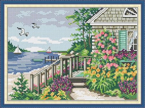 CROSSDECOR Cross Stitch Kits for Adults,Stamped Cross Stitch Kits,DIY Needlepoint Kits for Beginners Counted Embroidery Craft Supplies for Home Décor,Cottage by the Water 11.8×8.2in - color: Cottage by the Water 11.8×8.2in