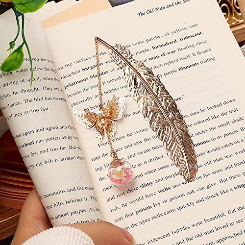 Toirxarn Metal Feather Bookmark, Back to School Teacher Gift for Women - color: Feather Gold - Pink Crystal With White Flowers