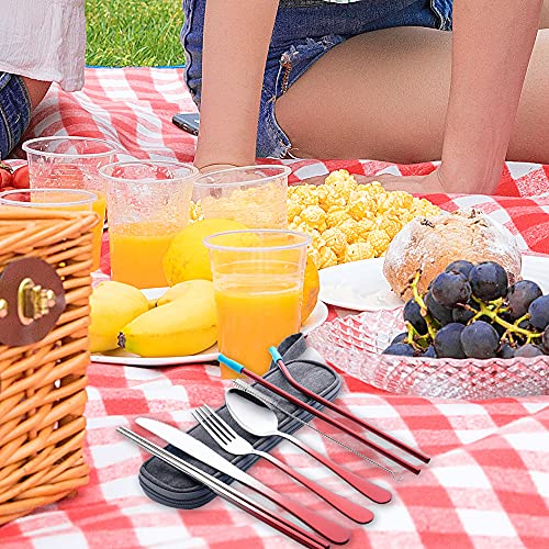 Travel Utensils Set with Case Reusable Portable Cutlery Set Stainless Steel 8pcs Including Dinner Knife Fork Spoon Chopsticks straws (Gradient Red) - color: Gradient Red