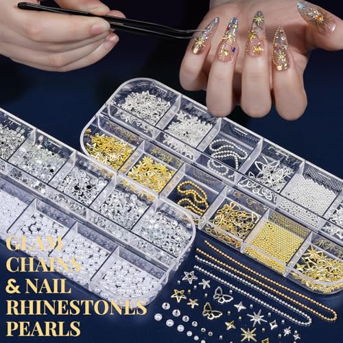 FANDAMEI Nail Art Brushes, Nail Art Kit with 15 Pcs Nail Art Brush, 5 Pcs Dotting Tools, 6 Box Nail Charms and Gems, 10 Flower Nail Stickers, Complete Nail Decoration Art with Nail Art Brushes Black - color: black