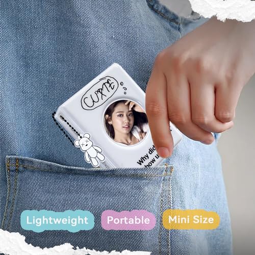 3 Inch Photocard Binder, 40 Pockets Kpop Photocard Holder Book, Portable Mini Photo Album, Cute Kpop Photocard Binder Kpop Binder Photocard Album with Lovely Pendant for Photocard Collection - color: Cycle- White