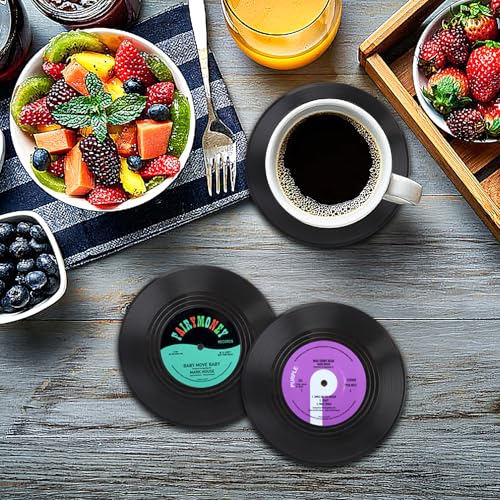 Funny Retro Record Coasters for Drinks with Vinyl Player Holder for Music Lovers,Set of 6 Conversation Piece Sayings Drink Coaster,Housewarming Hostess Wedding Registry Gift Ideas - style: A008
