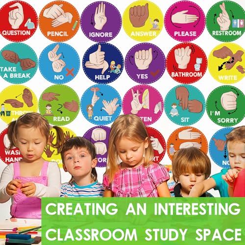 ASL Classroom Hand Signal Cards - 36 Classroom Hand Signal Decor Sign Language Posters for Teachers Students Visual Cues (Retro Groovy)