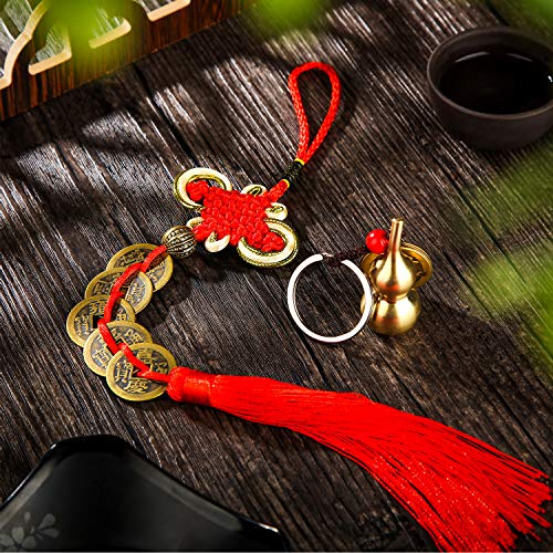 2 Pieces Chinese Coins Feng Shui and Brass Wu Lou Health Amulet Gourd Keychain Chinese Knot Lucky Charms Red String 2025 for Good Luck Fortune Wealth Health Success to Friends Families Lovers