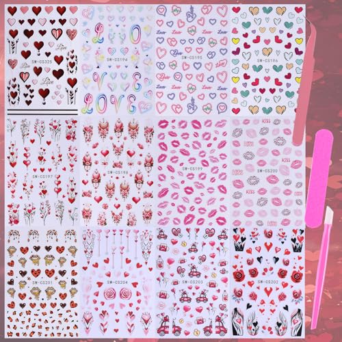 Valentine's Day Nail Art Stickers 12 Sheets 3D Self-Adhesive Heart Nail Decals with Tweezers Romantic Love Hearts Flower Lips Balloon Leopard Designs Brown Pink Slider for Women Nails Art Decoration - style: Valentine