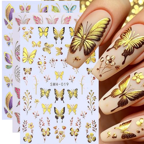 Butterfly Nail Art Stickers Decals 12 Sheets 3D Self-Adhesive Nail Decals Purple Blue Gradient Butterflies with Flower & Leaf Designs Stickers for DIY Manicure Acrylic Gel Nail Decorations for Women - style: Butterfly Flower