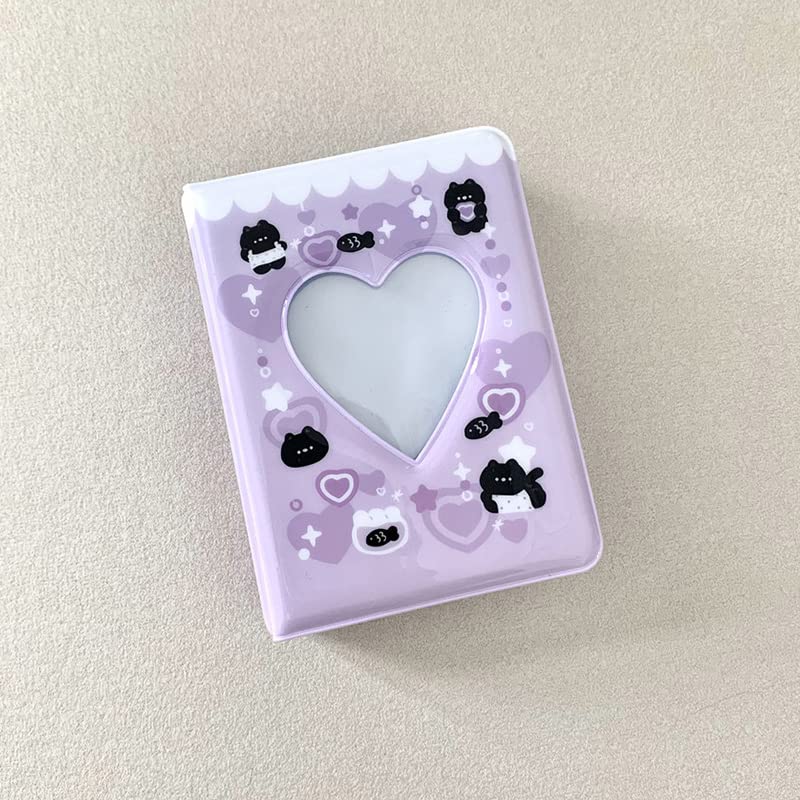 3 Inch Mini Photo Album, Heart Hollow Card Binder Photo Card Holder with Pendant 40 Pockets (purple black cat) - style: purple black cat