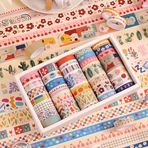 emmoolife 35 Rolls Washi Tape Set, Colorful Cute Floral Writable Decorative Tapes for Scrapbooking and Journaling, Junk Journal Supplies, Bullet Journaling for Women Girl 5-30mm Wide 9.84ft Long/Roll - style: Colorful Canvas
