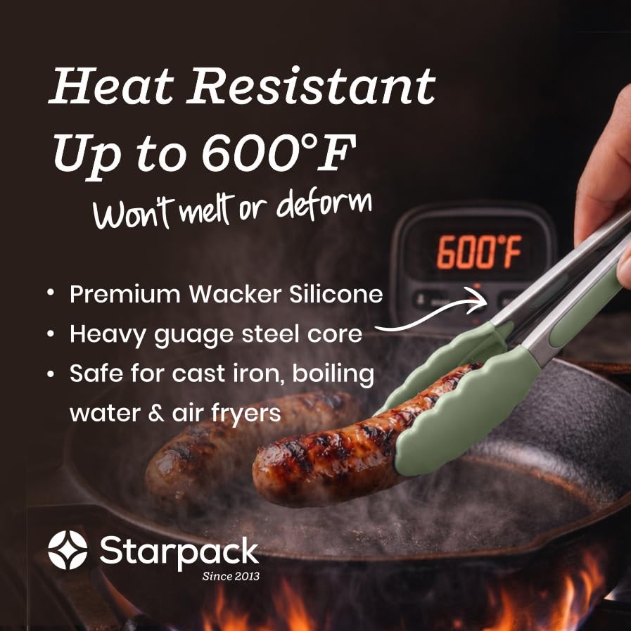 Starpack Get a Grip Silicone Kitchen Tongs (2-Pack, 9" + 12") - LFGB Non Toxic, 600°F Heat Resistant, BPA-Free - Heavy-Duty Stainless Steel, Locking - Dishwasher Safe for Nonstick Cookware - color: Sage Green, size: Set of 2 (9" & 12")