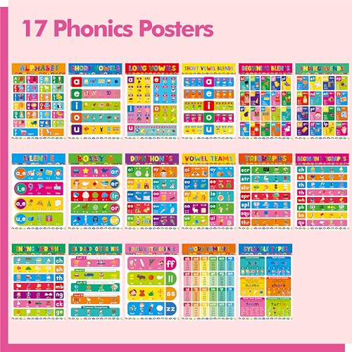 17 English Phonics Posters, Language Education Charts, Learning Vowels, Alphabet Posters, PET Film Covered Phonics Learning Tool For Kindergarten Classroom, Bulletin Board, Kids’ Room, 11”x16” - color: 17 English Phonics Posters