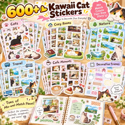 2 Pack Cat Sticker Books,Kawaii Stickers for Journaling & Scrapbooking(E+F) - color: E+f
